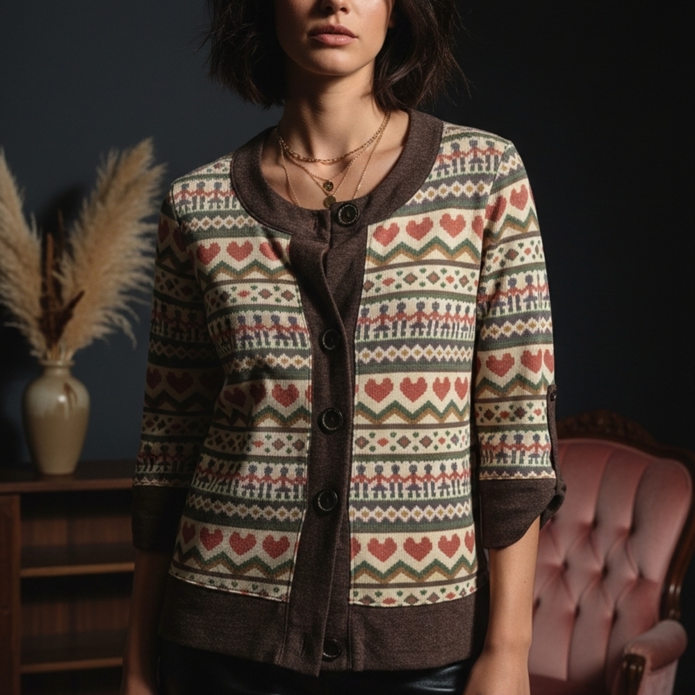 Buttons Brown Heart Pattern Cardigan